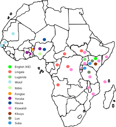 Map of Africa depicting languages covered in AfricanVoices